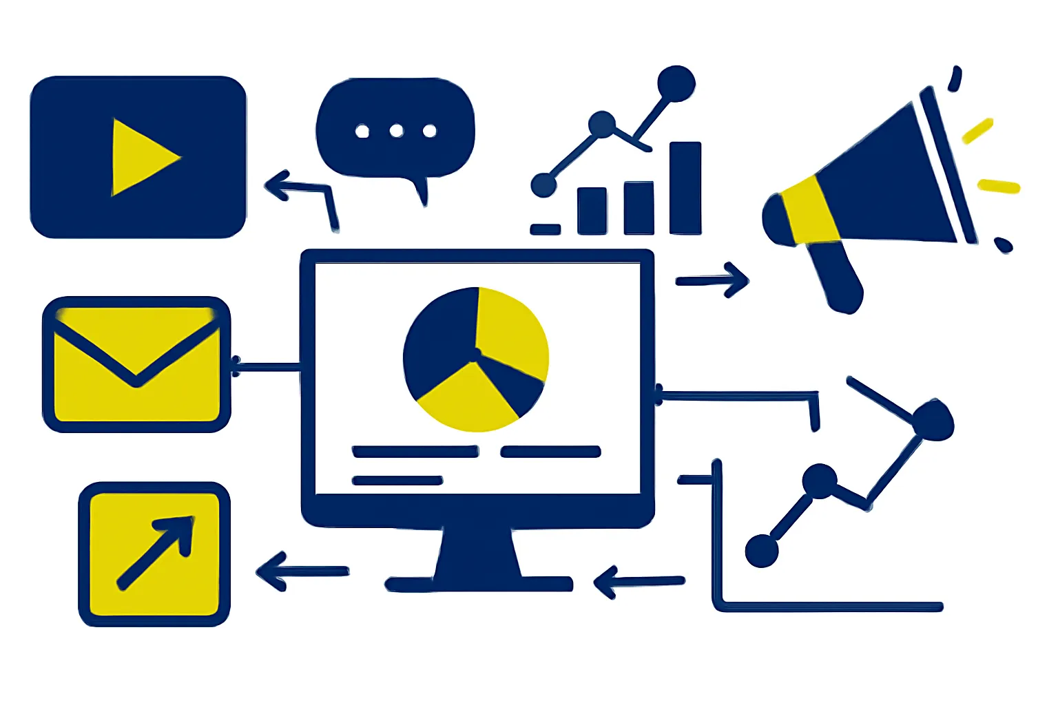 Abstract illustration showing digital marketing channels connected with data analytics