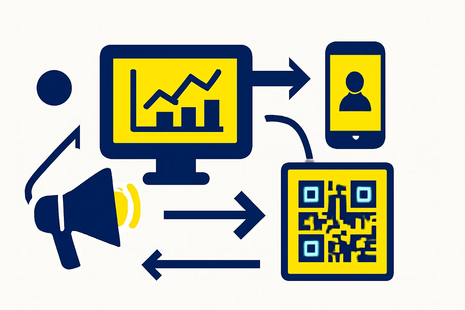 Abstract illustration showing digital marketing channels and data tracking with QR codes